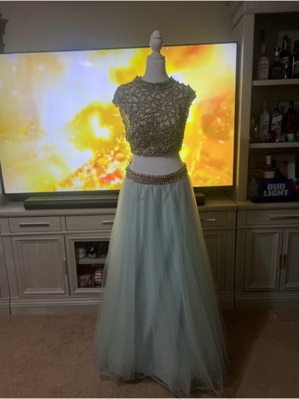 Beaded Crop Top and Tulle Prom Dress in Light Blue